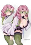  1girl absurdres blush braid breasts cleavage closed_mouth demon_slayer_uniform green_eyes green_hair green_thighhighs haori harutoyumaarts highres japanese_clothes kanroji_mitsuri kimetsu_no_yaiba large_breasts lips mole mole_under_each_eye mole_under_eye multicolored_hair multiple_braids multiple_moles multiple_views pink_hair simple_background thighhighs thighs two-tone_hair white_background white_haori zettai_ryouiki 