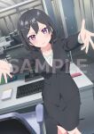  1girl anime_coloring black_hair black_skirt black_suit blush chair closed_mouth computer computer_keyboard cowboy_shot desk hair_between_eyes hair_ornament hairpin hoshizaki_(sasaki_to_p-chan) jewelry long_sleeves looking_at_viewer monitor nakashiki_saori necklace office office_chair official_art open_hands outstretched_arms outstretched_hand palms pencil_skirt purple_eyes reaching reaching_towards_viewer sample_watermark sasaki_to_p-chan shirt short_hair skirt solo spread_fingers standing suit swivel_chair v-shaped_eyebrows watermark 