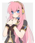  1girl black_wrist_cuffs blue_eyes blush border brown_jacket commentary_request gold_trim grey_background hands_up headphones jacket long_hair looking_at_viewer megurine_luka navel pink_hair short_sleeves sidelocks simple_background solo upper_body vocaloid white_background wrist_cuffs yoshiki 
