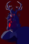  anthro antlers blood bottomless canine cervine clothed clothing deer fangs female glowing glowing_eyes horn hybrid kippy kneeling looking_at_viewer mammal pussy red_eyes simple_background solo teeth thick_thighs tongue tongue_out wolf 