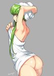  arm_up armpits artist_name ass bare_shoulders blush breasts c.c. code_geass creayus eyebrows eyebrows_visible_through_hair green_hair grey_background holding holding_towel long_hair medium_breasts naked_towel profile shiny shiny_skin sideboob simple_background solo thighs towel towel_on_head walking water water_drop yellow_eyes 