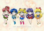  5girls absurdres aino_minako bishoujo_senshi_sailor_moon blonde_hair blue_boots blue_bow blue_bowtie blue_choker blue_eyes blue_gemstone blue_hair blue_sailor_collar blue_skirt boots bow bowtie brown_hair choker circlet crescent crescent_earrings double_bun earrings elbow_gloves flower_earrings gem gloves green_boots green_choker green_eyes green_gemstone green_sailor_collar green_skirt hair_bobbles hair_bow hair_bun hair_ornament highres hino_rei jewelry kino_makoto long_hair mizuno_ami multiple_girls one_eye_closed orange_choker orange_sailor_collar orange_skirt pink_bow pink_bowtie pointing ponytail purple_bow purple_bowtie purple_eyes purple_hair red_boots red_bow red_bowtie red_choker red_gemstone red_sailor_collar red_skirt sailor_collar sailor_jupiter sailor_mars sailor_mercury sailor_moon sailor_venus short_hair skirt sksrlove smile star_(symbol) star_earrings stud_earrings tsukino_usagi twintails yellow_gemstone 