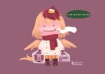  1girl animal_on_head baby_animal bag bird bird_on_head bird_tail bird_wings black_eyes blonde_hair boots breath brown_boots brown_pants buttons chibi chibi_only chick coat commentary_request dated english_text feathered_wings full_body kfc looking_at_viewer merry_christmas multicolored_hair niwatari_kutaka on_head onikobe_rin open_mouth pants purple_background red_hair red_scarf scarf sharp_teeth shopping_bag short_hair simple_background smile solid_circle_eyes solo tail teeth touhou two-tone_hair white_coat wings winter_clothes yellow_wings 