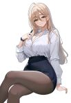  1girl ahoge arm_support ban_joo-hee blonde_hair blue_skirt breasts brown_pantyhose bursting_breasts button_gap cleavage closed_mouth collared_shirt commentary_request commission covered_navel crossed_legs feet_out_of_frame fingernails green_eyes green_nails hand_up high-waist_skirt highres holding holding_pen huge_ahoge huge_breasts invisible_chair jewelry korean_commentary light_blush long_hair long_sleeves looking_at_viewer looking_back love_delivery marheit microskirt mole mole_on_breast nail_polish office_lady pantyhose parted_lips pen pencil_skirt ring shirt side_slit simple_background sitting skirt sleeve_cuffs smile solo straight_hair taut_clothes taut_skirt thick_eyebrows thighs tsurime watch white_background white_shirt wing_collar wristwatch 