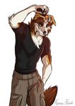  2016 anthro blue_eyes border_collie brown_fur canine chest_tuft clothed clothing collie dog elbow_tufts flynx-flink fur hand_in_pocket jakecollie looking_at_viewer male mammal muscular portrait simple_background smile smirk solo standing three-quarter_portrait tuft white_background white_fur 