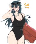  1girl absurdres adjusting_eyewear alien_stage black_hair black_nails black_one-piece_swimsuit bodyboard bracelet breasts cleavage closed_eyes commentary cowboy_shot english_commentary eyewear_on_head fang genderswap genderswap_(mtf) hand_on_eyewear highres holding ivan_(alien_stage) jewelry large_breasts long_hair notice_lines one-piece_swimsuit open_mouth simple_background smile solo starfishkoi sunglasses swimsuit wet white_background 