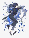  1boy absurdres alternate_costume belt belt_buckle bishounen black_belt black_hair black_hat black_jacket black_pants black_shoes black_sleeves black_suit black_undershirt blue_flower blue_jacket blue_necktie blue_petals blue_ribbon blue_rose blue_suit blunt_ends bright_pupils buckle cat coattails contemporary dress_shirt eyeliner eyeshadow flower formal_clothes from_above genshin_impact gloves grey_socks hair_intakes hand_on_own_face hands_up hat hat_flower hei_lang highres jacket lapels layered_sleeves long_sleeves looking_at_viewer lying makeup male_focus necktie on_side open_hands oxfords pants petals_on_ground purple_eyes red_eyeliner red_eyeshadow ribbon rose scaramouche_(genshin_impact) shirt shoes smile socks solo suit suit_jacket trilby tsurime two-sided_fabric two-sided_jacket two-sided_suit unworn_hat unworn_headwear unworn_shoes white_background white_cat white_flower white_gloves white_mouth white_pupils white_rose wispy_bangs 