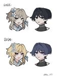  1boy 1girl 2024 2025 artist_progress black_bodysuit black_eyes blonde_hair blue_feathers blue_flower blue_trim blunt_ends bodysuit bright_pupils brown_eyes brown_hair cropped_head feather_hair_ornament feathers flower genshin_impact hair_flower hair_intakes hair_ornament highres looking_at_viewer lumine_(genshin_impact) mandarin_collar multicolored_flower open_mouth purple_eyes remhotaru scaramouche_(genshin_impact) scarf short_hair short_hair_with_long_locks sidelocks tongue tongue_out tsurime twitter_username wanderer_(genshin_impact) white_background white_flower white_pupils white_scarf wispy_bangs 