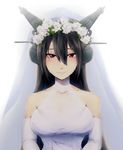  bangs bare_shoulders black_hair breasts bridal_gauntlets commentary_request dress hair_between_eyes head_wreath headgear ikeshita_moyuko kantai_collection lace large_breasts long_hair looking_at_viewer nagato_(kantai_collection) red_eyes smile solo wedding_dress white_background 