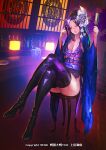  1girl alcohol boots breasts champagne cleavage commentary commission company_name floral_print flower hair_flower hair_ornament high_heel_boots high_heels nona official_art sega sengoku_taisen sitting solo 