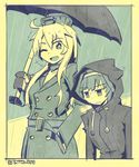  coat empty_eyes iowa_(kantai_collection) kantai_collection kongou_(kantai_collection) leaning_forward limited_palette long_hair monochrome multiple_girls one_eye_closed rain raincoat shuuzen_(shu-zen) twitter_username umbrella 