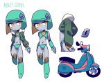  1girl android aqua_bikini aqua_boots aqua_hair aqua_shirt bikini blonde_hair bob_cut boots character_name colored_inner_hair colored_skin dot_nose expressionless flat_chest fur-trimmed_jacket fur_trim green_jacket hair_ornament hairclip hamma highres jacket mint_star motor_vehicle multicolored_hair multiple_views scooter shirt sideways_glance simple_background sleeveless sleeveless_shirt swimsuit vespa villain&#039;s_daily_life white_background yellow_lining zipper_pull_tab 