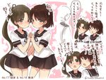 2girls :o admiral_(kantai_collection) ayanami_(kantai_collection) blush brown_eyes brown_hair commentary_request flying_sweatdrops hair_ribbon heartbeat holding_hands interlocked_fingers kantai_collection long_hair looking_at_viewer multiple_girls open_mouth ponytail ribbon school_uniform serafuku shikinami_(kantai_collection) short_hair side_ponytail skirt suzuki_toto translation_request 