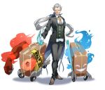  #compass 1boy ^_^ arm_behind_back black_jacket black_pants blue_eyes blue_fire blue_gemstone blue_ribbon brooch brown_shoes butler buttons claws closed_eyes coattails collared_shirt commentary_request concept_art demon facial_hair fangs fire forehead full_body gem ghost gloves goatee green_vest grey_hair hair_ribbon holding holding_sword holding_weapon jacket jewelry keep_out legs_together long_hair long_sleeves looking_to_the_side male_focus neck_ribbon old old_man open_clothes open_jacket open_mouth pants parted_lips ponytail rapier red_eyes red_ribbon ribbon scabbard shadow sheath shirt shoes sideways_glance skin_fangs smile smirk solo_focus standing suitcase sword tailcoat thomas_(#compass) v-shaped_eyebrows vest weapon wheel white_background white_gloves white_shirt yamashita_kazma 