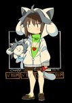  blush_stickers brown_hair chara_(undertale) chocolate_bar fang food green_sweater heart heart_necklace hood hooded hoodie jewelry kaida_michi long_hair necklace red_eyes shoes shorts striped sweater tail temmie turtleneck undertale 