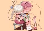  2girls alternate_costume alternate_hairstyle black_hairband blue_shirt blush braid braided_twintails closed_eyes closed_mouth commentary_request coolish full_body green_skirt grey_hair hair_over_eyes hairband heart heart_of_string hot komeiji_koishi komeiji_satori long_hair multiple_girls on_bench onikobe_rin purple_hair purple_skirt shirt short_hair siblings simple_background sisters sitting skirt smile socks sweat third_eye touhou twin_braids white_socks yellow_background 