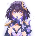  1girl abby_riddle absurdres anger_vein asymmetrical_gloves bare_shoulders black_hair blush breasts chinese_commentary cleavage closed_mouth clothing_cutout colored_inner_hair commentary_request gloves hair_between_eyes hair_ornament highres honkai_(series) honkai_impact_3rd looking_at_viewer medium_breasts medium_hair mismatched_gloves multicolored_hair orange_pupils pout purple_eyes purple_gloves purple_hair seele_vollerei shoulder_cutout solo upper_body 