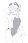  alice_margatroid bangs commentary_request competition_swimsuit goggles goggles_on_head greyscale hand_up looking_at_viewer monochrome one-piece_swimsuit open_mouth satou_kibi simple_background sketch smile solo swimsuit touhou water_drop white_background 