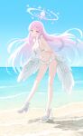  1girl arms_behind_back bare_arms bare_legs bare_shoulders bikini blue_archive blush breasts cleavage closed_mouth daran9 feathered_wings halo high_heels highres holding_own_arm large_breasts long_hair looking_at_viewer low_wings mika_(blue_archive) mika_(swimsuit)_(blue_archive) navel pink_hair pink_halo shoes smile solo stomach swimsuit toes white_bikini white_shoes white_wings wings yellow_eyes 
