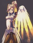  2016 arms_behind_head arms_up artist_name backlighting blonde_hair blue_eyes bodysuit breasts covered_navel covered_nipples cowboy_shot dated glowing glowing_wings grey_background high_ponytail highres joshua_schmidt lips long_hair looking_at_viewer mechanical_halo mechanical_wings medium_breasts mercy_(overwatch) overwatch pantyhose ponytail signature simple_background solo wings yellow_wings 