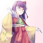  bespectacled capelet commentary_request cowboy_shot floral_print flower forbidden_scrollery glasses gloves hair_flower hair_ornament hakama hieda_no_akyuu japanese_clothes kimono long_sleeves midorino_eni parted_lips pen purple_eyes purple_hair red-framed_eyewear solo touhou white_gloves wide_sleeves 