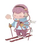  1girl adapted_costume black_hairband blue_jacket brown_mittens chibi chibi_only closed_eyes commentary_request dated earmuffs full_body hair_ornament hairband heart heart_hair_ornament jacket komeiji_satori mittens onikobe_rin pants purple_pants shoes short_bangs short_hair simple_background skis solo third_eye touhou very_short_hair white_background white_shoes 