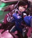  ;) arm_up breasts brown_eyes brown_hair cockpit d.va_(overwatch) facepaint facial_mark fang from_above gloves goomrrat hand_gesture large_breasts long_hair looking_at_viewer machinery mecha meka_(overwatch) one_eye_closed outstretched_arm overwatch reaching_out self_shot smile solo taking_picture teeth viewfinder w whisker_markings white_gloves 