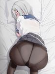  all_fours ass bed_sheet black_legwear black_skirt blue_eyes blush bra from_above from_behind gusset hair_ornament hairclip hamakaze_(kantai_collection) kantai_collection odaodaoaoda panties panties_under_pantyhose pantyhose pillow profile sailor_collar school_uniform see-through serafuku short_sleeves silver_hair skirt solo underwear white_bra 