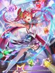  &quot;shimei&quot;_no_chouten_greatest_great 1girl armpits boots breasts cape concert copyright_notice dress duel_masters hair_ornament hokuyuu holding holding_microphone idol_clothes large_breasts long_hair looking_back microphone multicolored_dress multicolored_eyes multicolored_hair official_art one_eye_closed open_mouth outstretched_arm rainbow_gradient rainbow_trim red_cape red_hair screen solo stage_lights standing standing_on_one_leg teeth thigh_boots thighhighs twintails upper_teeth_only very_long_hair white_boots white_dress white_hair white_thighhighs wrist_cuffs yellow_eyes 