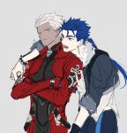  2boys archer_(fate) archer_(honkai:_star_rail)_(fate) arm_over_shoulder blue_hair cu_chulainn_(honkai:_star_rail)_(fate) dark-skinned_male dark_skin earrings fate/stay_night fate_(series) fur-trimmed_jacket fur_trim grey_background highres honkai:_star_rail honkai_(series) jacket jewelry long_hair long_sleeves male_focus multiple_boys n_dien open_clothes open_mouth ponytail red_eyes shirt simple_background spiked_hair upper_body white_hair white_shirt 