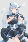  1girl absurdres ahoge awaomi back_bow black_dress black_gloves black_thighhighs blue_hair blue_streaks bow braid breasts cleavage_cutout closed_mouth clothing_cutout colored_tips commentary cowboy_shot crossed_bangs double-parted_bangs dress dutch_angle elf four-finger_heart_hands gloves grey_background hair_between_eyes hair_ornament hairclip heart heart_ahoge heart_hands highres hololive huge_bow large_breasts long_hair long_pointy_ears looking_at_viewer magical_girl mahou_shoujo_holowitch! multicolored_hair official_alternate_costume pointy_ears short_sleeves side_braid single_thighhigh smile snowflake_background solo streaked_hair thighhighs underbust very_long_hair virtual_youtuber yellow_eyes yukihana_lamy 