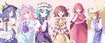  :d arm_garter bell blush bow bowtie buttons cape capelet checkered column_lineup commentary_request dress food frilled_shirt_collar frills fruit hair_bell hair_ornament hands_in_opposite_sleeves hat hinanawi_tenshi index_finger_raised juliet_sleeves leaf long_sleeves looking_at_viewer midorino_eni mob_cap motoori_kosuzu multiple_girls okazaki_yumemi open_mouth peach pillow_hat puffy_sleeves red_bow red_neckwear saigyouji_yuyuko sash shiki_eiki smile tabard touhou touhou_(pc-98) triangular_headpiece upper_body wide_sleeves yakumo_ran 