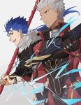  2boys archer_(fate) archer_(honkai:_star_rail)_(fate) black_gloves blue_hair brown_eyes coat cu_chulainn_(honkai:_star_rail)_(fate) dark-skinned_male dark_skin earrings fate/stay_night fate_(series) fur-trimmed_jacket fur_trim gae_bolg_(fate) gloves grey_background grey_hair highres holding holding_weapon jacket jewelry long_hair looking_at_viewer male_focus multiple_boys nyacoyrym3571 open_mouth polearm ponytail red_coat red_eyes shirt simple_background smile spiked_hair weapon 
