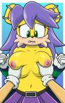 5:8 anthro archie_comics areola armwear belt big_breasts black_nose blue_background blush border bottomwear breast_grab breasts cheek_tuft clothed clothing disembodied_hand ear_piercing eyelashes facial_tuft female first_person_view fur gloves green_armwear green_clothing green_eyes hair hand_on_breast handwear herpestid hi_res long_hair mammal mina_mongoose mongoose navel nipples piercing pink_areola pink_nipples purple_bottomwear purple_clothing purple_hair purple_skirt sega simple_background skirt solo sonic_the_hedgehog_(archie) sonic_the_hedgehog_(comics) sonic_the_hedgehog_(series) sonicguru tan_body tan_fur topless tuft white_border white_clothing white_gloves white_handwear yellow_body yellow_fur