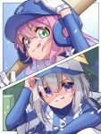 >:) 2girls :q absurdres alternate_costume amane_kanata baseball_bat baseball_cap baseball_helmet baseball_uniform blue_hair blue_hat blush colored_inner_hair commentary_request gloves green_eyes grey_hair hat helmet heterochromia highres himemori_luna holding holding_baseball_bat hololive long_hair multicolored_hair multiple_girls nine_sols oboro_sotk pink_streaks purple_eyes short_hair sportswear tongue tongue_out v-shaped_eyebrows virtual_youtuber wavy_hair white_gloves 
