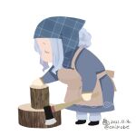  1girl alternate_costume apron axe blue_dress blue_headscarf brown_apron closed_eyes commentary_request dated dress full_body grey_hair headscarf holding holding_axe kumoi_ichirin log long_sleeves onikobe_rin plaid_headscarf short_hair simple_background solo touhou tree_stump white_background 