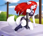  anthro arm_warmers boots chessi clothed clothing collar ear_piercing fangs feline female footwear fur hair mammal open_mouth outside piercing red_hair smile solo teeth tongue train white_fur 