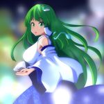  :o asymmetrical_hair bare_shoulders blue_skirt blush breasts cato_(monocatienus) cowboy_shot detached_sleeves frog_hair_ornament from_side glowing green_eyes green_hair hair_ornament hair_tubes holding kochiya_sanae large_breasts long_hair long_skirt long_sleeves looking_at_viewer looking_to_the_side open_mouth skirt snake_hair_ornament solo stick touhou very_long_hair vest white_vest wide_sleeves 