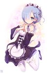  apron blue_eyes blue_hair detached_sleeves full_body hair_ornament hair_over_one_eye light_smile looking_at_viewer maid maid_headdress nayuhi_(yukimuu14) re:zero_kara_hajimeru_isekai_seikatsu rem_(re:zero) shoes short_hair sketch solo thighhighs white_legwear x_hair_ornament 