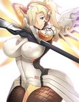  absurdres arm_up blonde_hair blue_eyes breasts curvy erect_nipples haganef hair_over_one_eye huge_breasts impossible_clothes large_breasts light_smile long_hair looking_at_viewer mechanical_halo mechanical_wings mercy_(overwatch) overwatch pantyhose simple_background smile solo staff thick_thighs thighs white_background wide_hips wings 