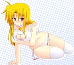  bell bell_choker blonde_hair bra breasts cat_cutout cat_ear_panties cat_lingerie choker cleavage cleavage_cutout fate_testarossa jingle_bell large_breasts lask lyrical_nanoha mahou_shoujo_lyrical_nanoha_strikers meme_attire panties red_eyes side-tie_panties sitting solo thighhighs twintails underwear white_bra white_panties yokozuwari 