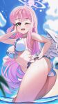  1girl absurdres angel_wings ass bikini blue_archive blush breasts feathered_wings frilled_bikini frilled_bikini_bottom frilled_bikini_top frills halo hand_on_own_hip highres long_hair low_wings medium_breasts mika_(blue_archive) mika_(swimsuit)_(blue_archive) navel official_alternate_costume official_alternate_hairstyle one_eye_closed open_mouth pink_hair pink_halo smile solo stomach swimsuit temchik thighs very_long_hair wing_ornament wings yellow_eyes 