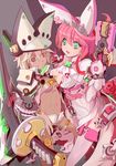  animal_ears beltbra blue_eyes breasts bunny_ears cape cleavage colored_eyelashes creature dark_skin elphelt_valentine gloves guilty_gear guilty_gear_xrd hat large_breasts long_hair multiple_girls orange_eyes pink_hair ramlethal_valentine rudorufu short_hair short_shorts shorts silver_hair small_breasts sword teeth underboob weapon white_cape 