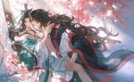  2boys abs absurdres al_(ahr) bindi black_hair black_hanfu brown_hair chinese_clothes chinese_hairpin closed_mouth collarbone couple cowboy_shot curly_hair curtained_hair face-to-face facial_mark falling_petals feet_out_of_frame floating_clothes floating_hair flower folding_fan forehead_mark green_eyes green_hanfu hair_bun half_updo hand_fan hand_on_another's_shoulder hand_on_another's_thigh hanfu head_tilt highres holding holding_fan kabedon knee_up leaning_forward light_particles light_rays long_hair long_sleeves looking_at_another luo_binghe male_focus multiple_boys off_shoulder open_clothes open_robe parted_bangs pectorals petals pink_petals plum_blossoms pole renzha_fanpai_zijiu_xitong ribboned_xiao_guan robe shen_qingqiu single_hair_bun very_long_hair wide_sleeves yaoi zuiyin 