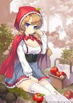  2015 apple artist_name bangs blonde_hair blood blue_eyes blue_skirt blush braid breasts bush cape chipmunk cleavage corset day english food frilled_sleeves frills fruit grass head_tilt highres hood injury kinchee long_hair long_sleeves looking_at_viewer medium_breasts miniskirt mushroom number on_ground original outdoors picnic_basket shirt sitting skirt solid_circle_eyes solo squirrel striped striped_skirt swept_bangs tears thighhighs torn_clothes torn_legwear tree twin_braids underbust watermark white_legwear white_shirt wiping_tears wolf zettai_ryouiki 