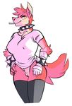  anthro canine clothing collar ear_piercing female kippy legwear looking_at_viewer mammal nipple_bulge piercing pussy simple_background smile solo spiked_collar thigh_highs white_background 