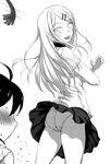  1girl ass cowboy_shot dagashi_kashi earrings endou_saya greyscale hair_ornament hairclip hechi jewelry long_hair looking_back miniskirt monochrome panties pantyshot pleated_skirt school_uniform shikada_kokonotsu short_sleeves skirt standing sweatdrop underwear upskirt wavy_mouth 