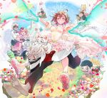  4girls 6+boys ahoge alien animal_on_shoulder ayase_momo ayase_seiko bare_shoulders barefoot black_hair black_pantyhose blonde_hair bow bowtie breasts brown_hair carrying cat cat_on_shoulder church clenched_hand collared_shirt couple crossed_bangs dandadan detached_sleeves dress earrings enjoji_jin evil_eye_(dandadan) facial_mark fake_antennae falling_petals fireworks flower flying_saucer full_body glasses glowing_hands grey_hair hair_between_eyes hair_flower hair_ornament halter_dress halterneck hetero jewelry manjiro_(dandadan) medium_breasts medium_hair moped motor_vehicle multicolored_hair multiple_boys multiple_girls one_eye_closed open_mouth outstretched_arms pantyhose parted_lips petals piggyback pink_bow pink_bowtie pink_hair pomeko puffy_short_sleeves puffy_sleeves red_eyes red_hair red_petals red_shoes red_vest round_eyewear sakata_kinta serpo_(dandadan) shiratori_aira_(dandadan) shirt shoes short_sleeves smile sneakers spacecraft streaked_hair suspenders sweatdrop takakura_ken_(dandadan) takakura_ken_(transformed)_(dandadan) teeth turbo_granny_(dandadan) vamola_(dandadan) vest wedding wedding_dress white_dress white_hair white_shirt white_shoes 