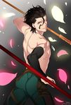 black_hair detached_sleeves fate/zero fate_(series) highres holding holding_weapon jewelry lancer_(fate/zero) looking_at_viewer male_focus mole mole_under_eye necklace one_eye_closed petals polearm shirtless signature solo spear weapon ycco_(estrella) yellow_eyes 