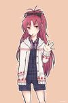  \||/ artist_name bad_id bad_pixiv_id bangs black_bow bow brown_background cardigan casual collared_shirt food food_in_mouth hair_bow hand_in_pocket highres mahou_shoujo_madoka_magica mouth_hold niso_the_strawberry outline overall_shorts plaid plaid_shirt pocky sakura_kyouko shirt solo standing waving white_outline 
